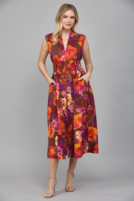 Floral Zip Front Midi Dress