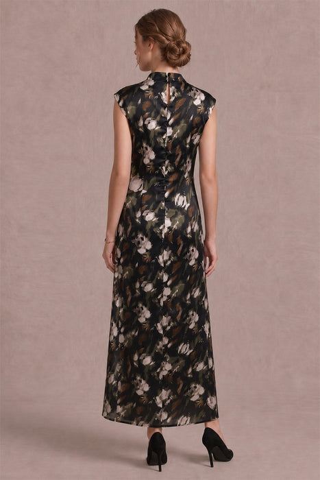 Mock Neck Printed Satin Maxi Dress