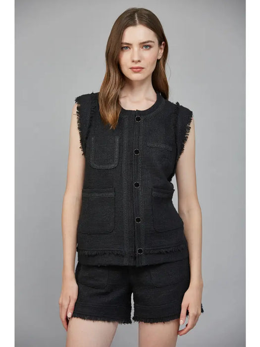 Decorative Button and Fray Tweed Vest