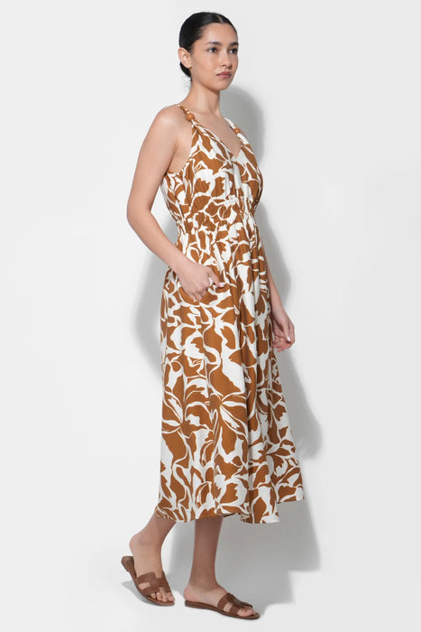 Kiana V Neck Midi Dress with Wood Trim