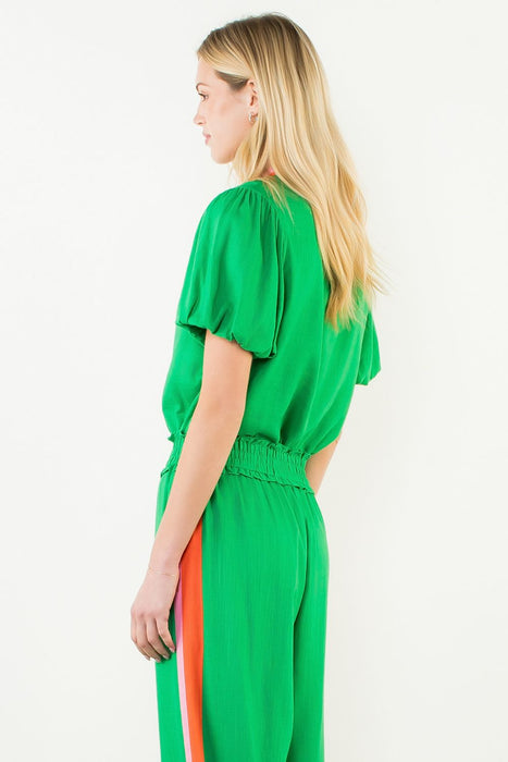 Puff Sleeve Stripe Detail V Neck Top