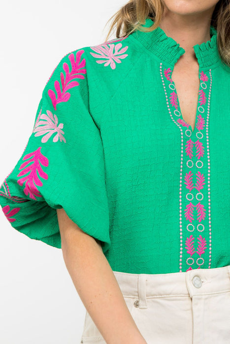 Textured V Neck Embroidered Top